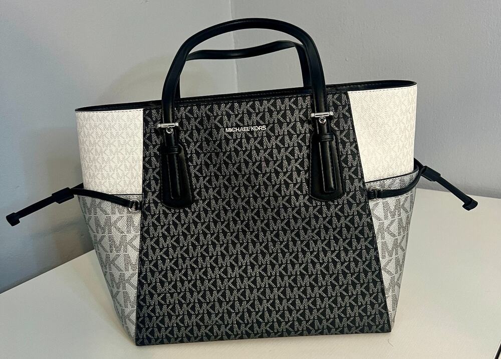 Michael Kors Voyager Handbag Womens Black Metallic Signature Logo Large Tote Bag